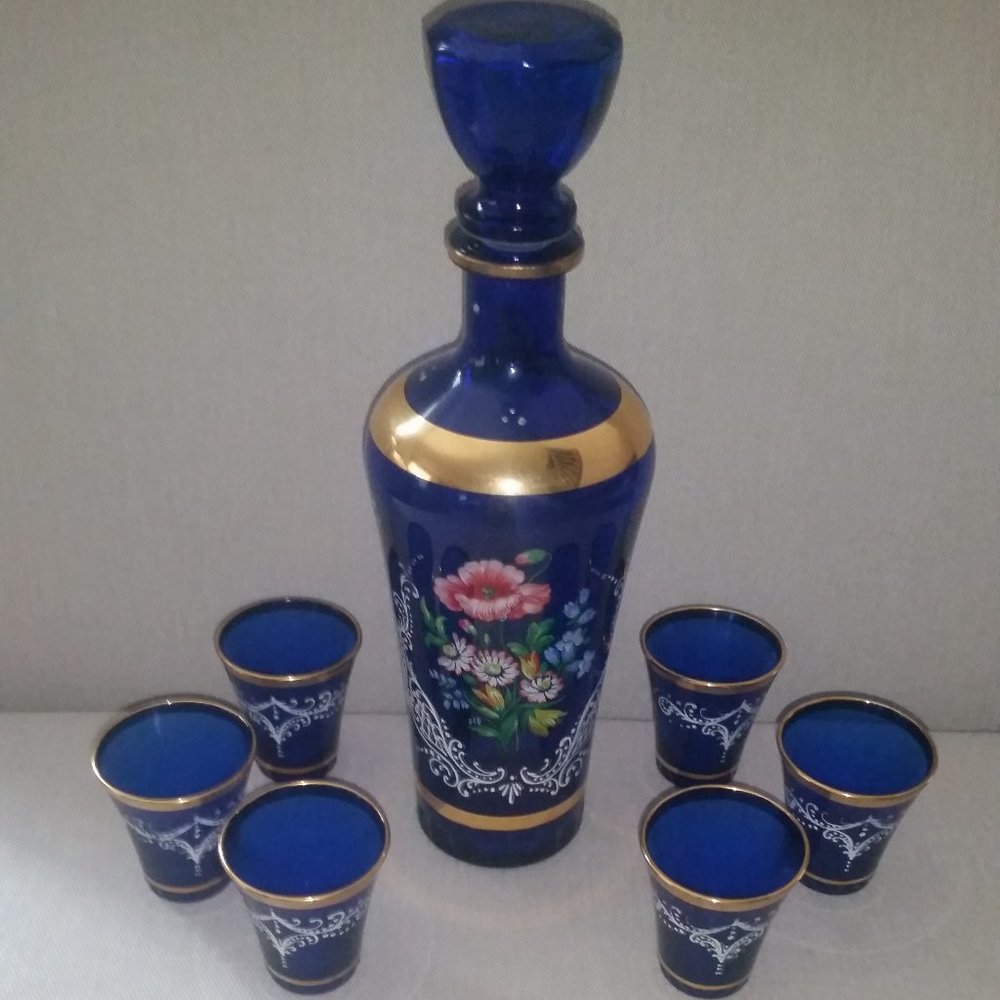 Vintage cobalt blue enameled Italian glass decanter set  EUC